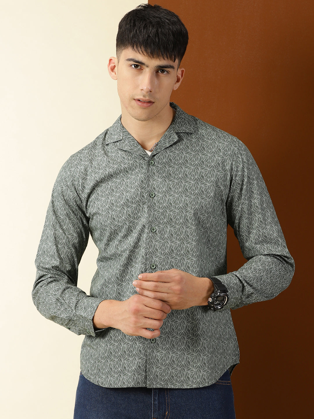 Thomas Scott Men Green Regular Fit 100% Cotton Floral Printed Casual Shirt with Long Sleeves & Cuban Collar