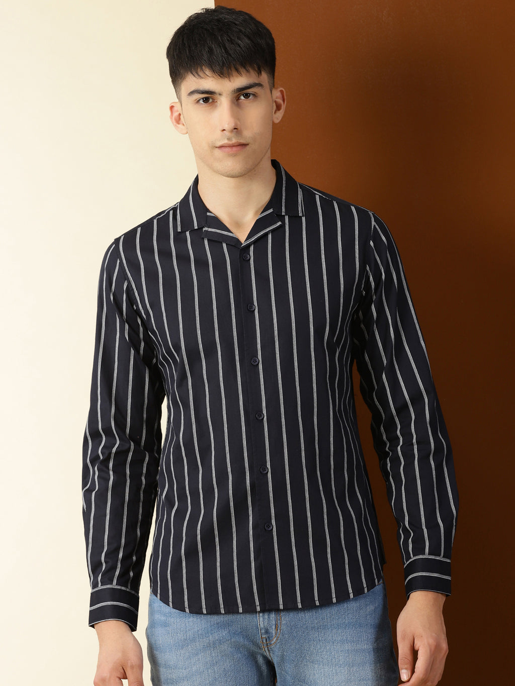 Thomas Scott Men Navy Regular Fit 100% Cotton Vertical Stripes Casual Shirt with Long Sleeves & Cuban Collar