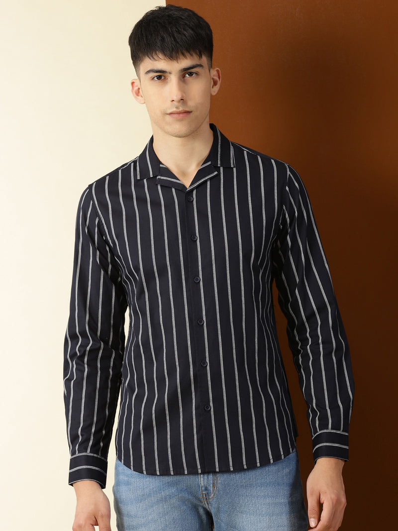 Thomas Scott Men Navy Regular Fit 100% Cotton Vertical Stripes Casual Shirt with Long Sleeves & Cuban Collar