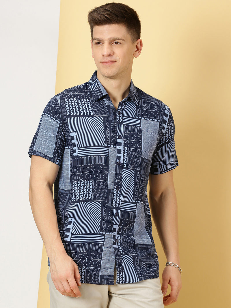 Thomas Scott Men Navy Blue Regular Fit Short Sleeves Spread Collar Abstract Printed Casual Shirt
