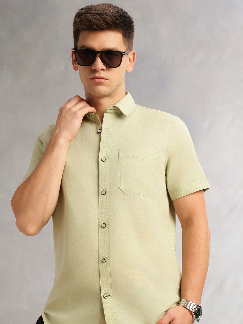 Thomas Scott Men Pista Short Sleeves Regular Fit Spread Collar Solid Cotton Linen Casual Shirt