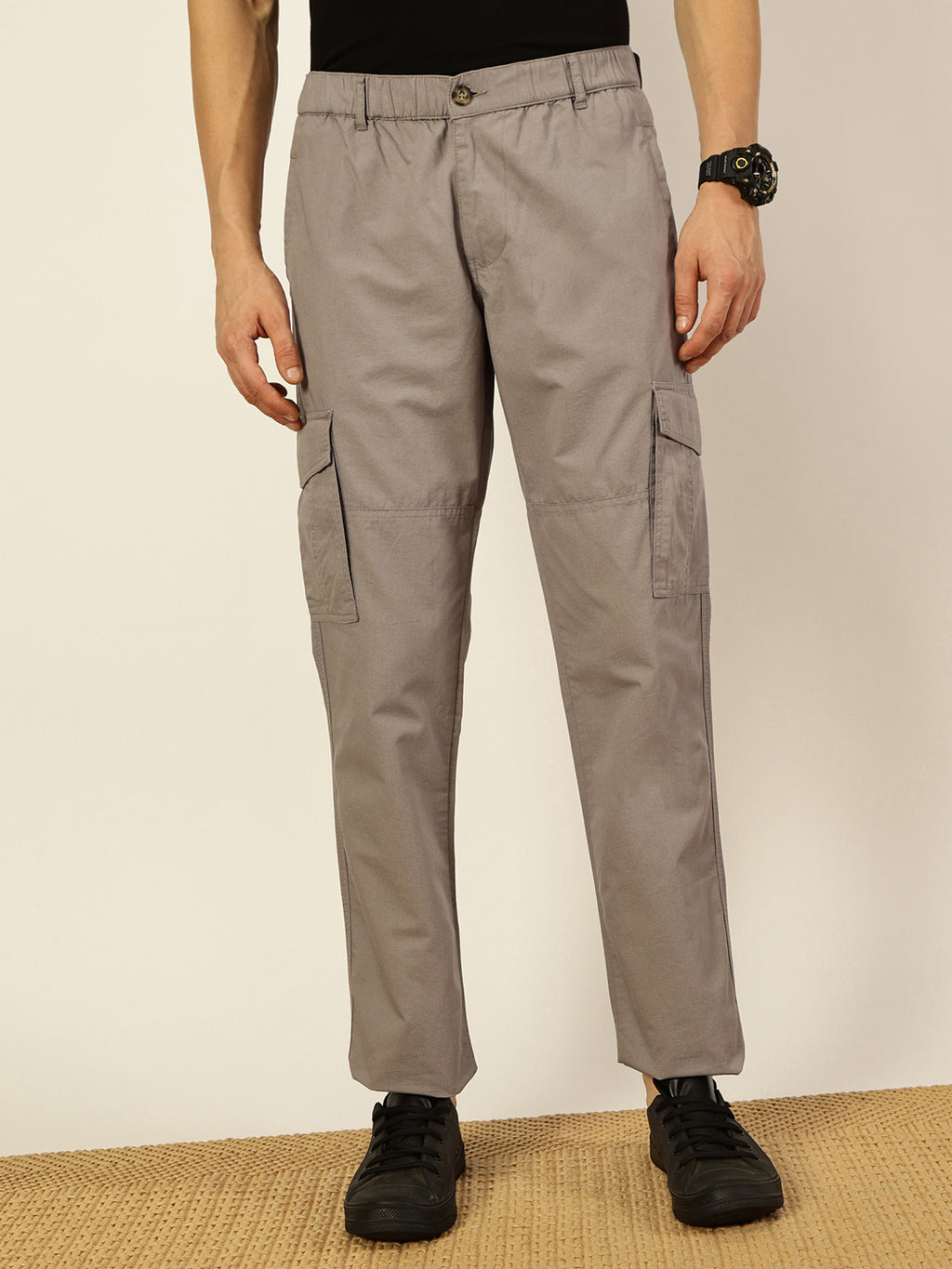 Thomas Scott Men Grey Slim Fit Mid-Rise Solid 6 Pockets Woven Cargo Trouser
