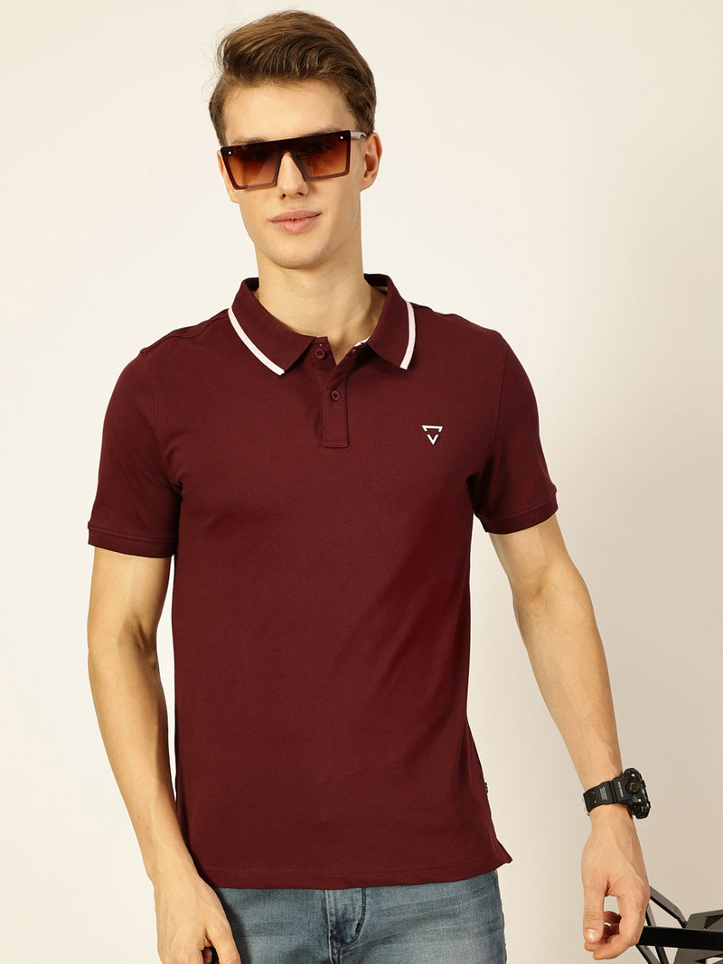 Thomas Scott Men Burgundy Short Sleeves Regular Fit Solid Polo Collar Knitted T-shirt