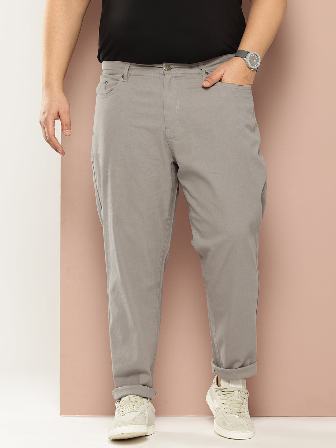 Thomas Scott Men Grey Plus Size Regular Fit Mid-Rise Woven Chinos Trouser