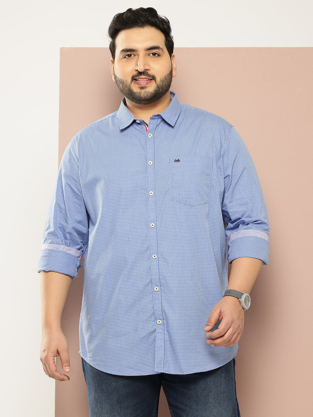 Thomas Scott Men Oxford Blue Plus Size Regular Fit Long Sleeves Spread Collar Micro Checks 100% Cotton Casual Shirt