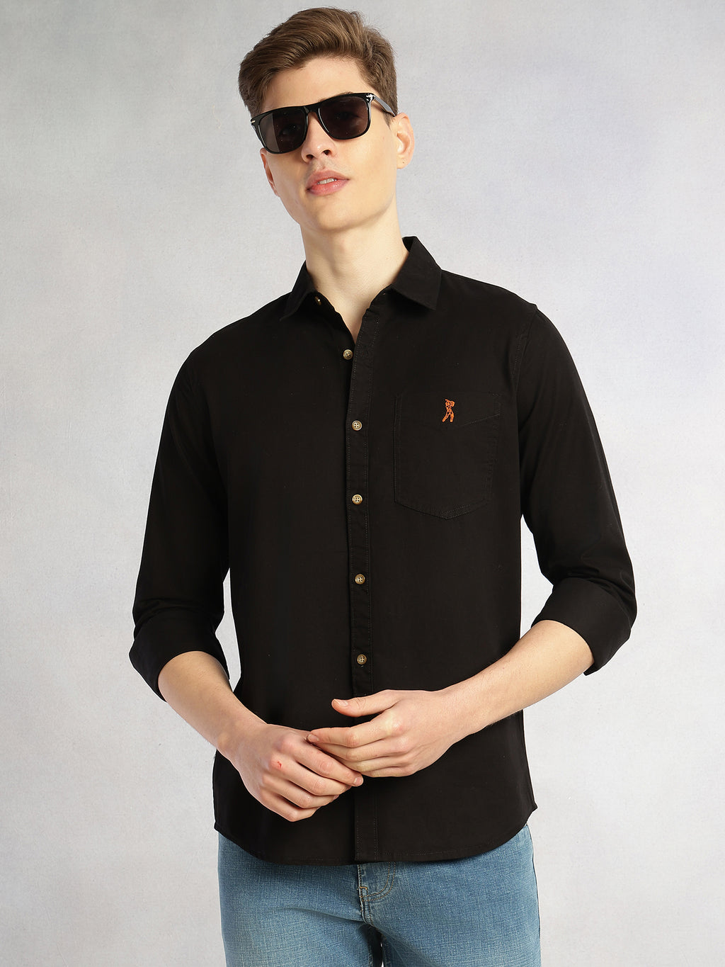 Thomas Scott Men Black Cricket Club Collection Long Sleeves Slim Fit Spread Collar 100% Cotton Twill Casual Shirt