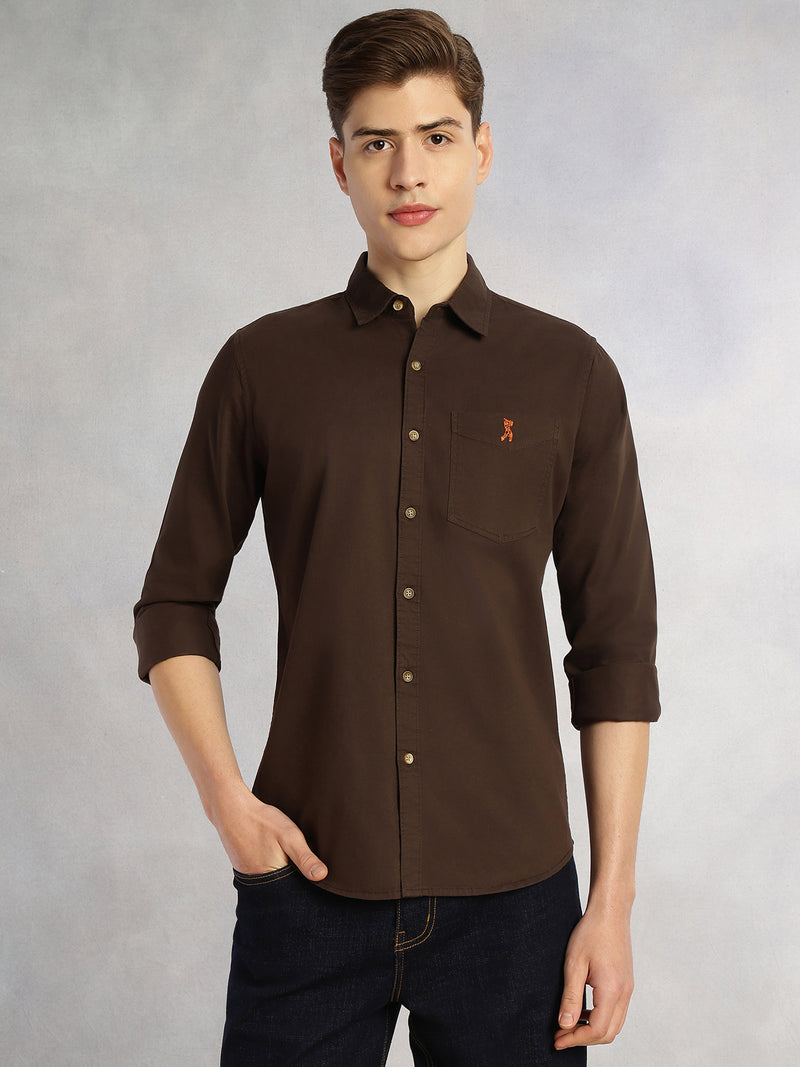 Thomas Scott Men Coffee Cricket Club Collection Long Sleeves Slim Fit Spread Collar 100% Cotton Twill Casual Shirt