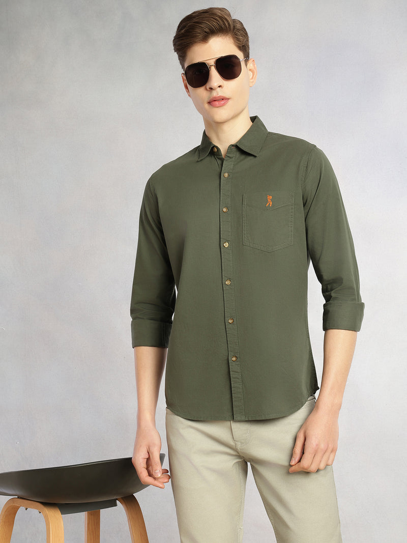 Thomas Scott Men Olive Cricket Club Collection Long Sleeves Slim Fit Spread Collar 100% Cotton Twill Casual Shirt