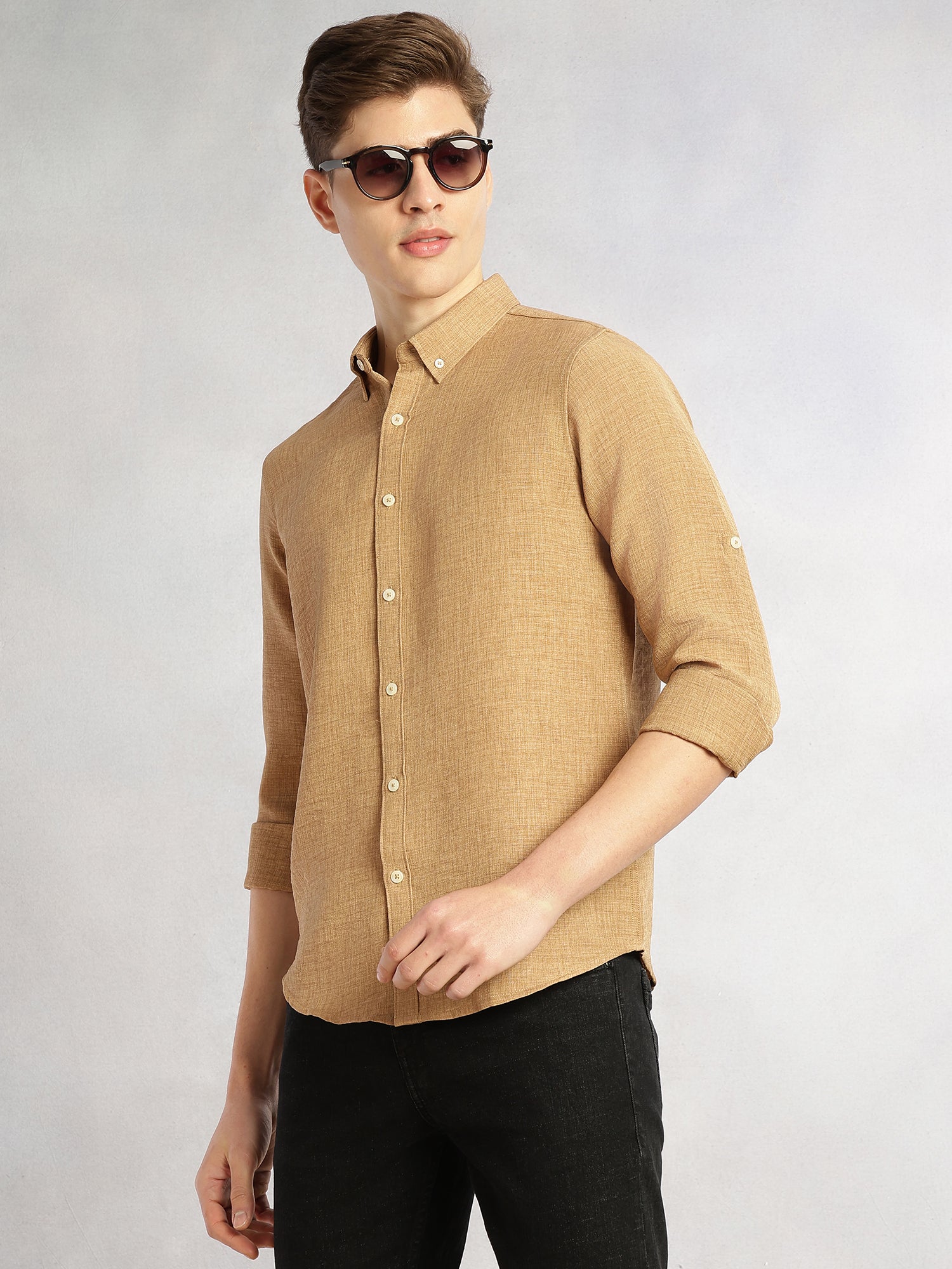 Thomas Scott Men Gold Slim Fit Long Sleeves Button-Down Collar Polyester Casual Shirt