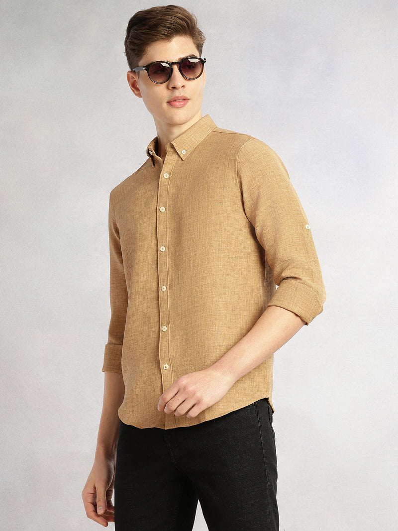 Thomas Scott Men Gold Slim Fit Long Sleeves Button-Down Collar Polyester Casual Shirt