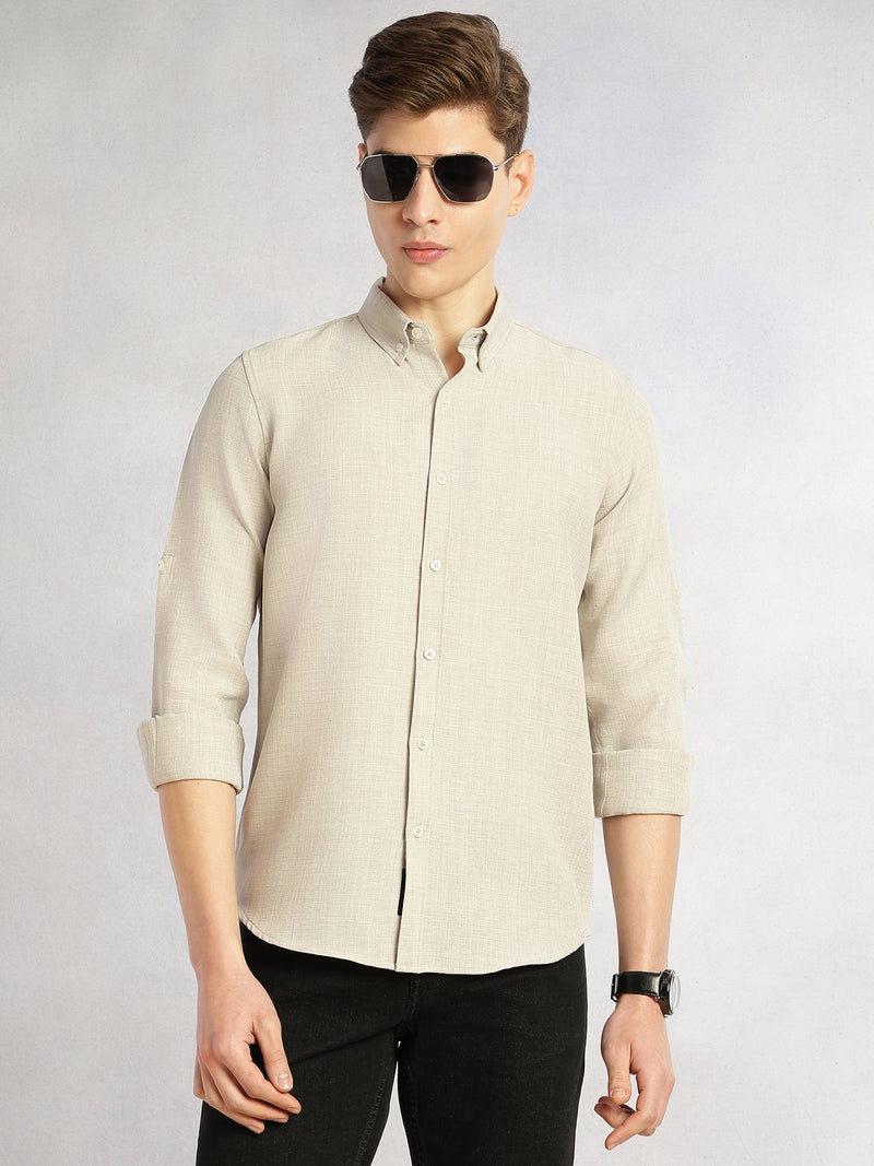 Thomas Scott Men Light Grey Slim Fit Long Sleeves Button-Down Collar Polyester Casual Shirt