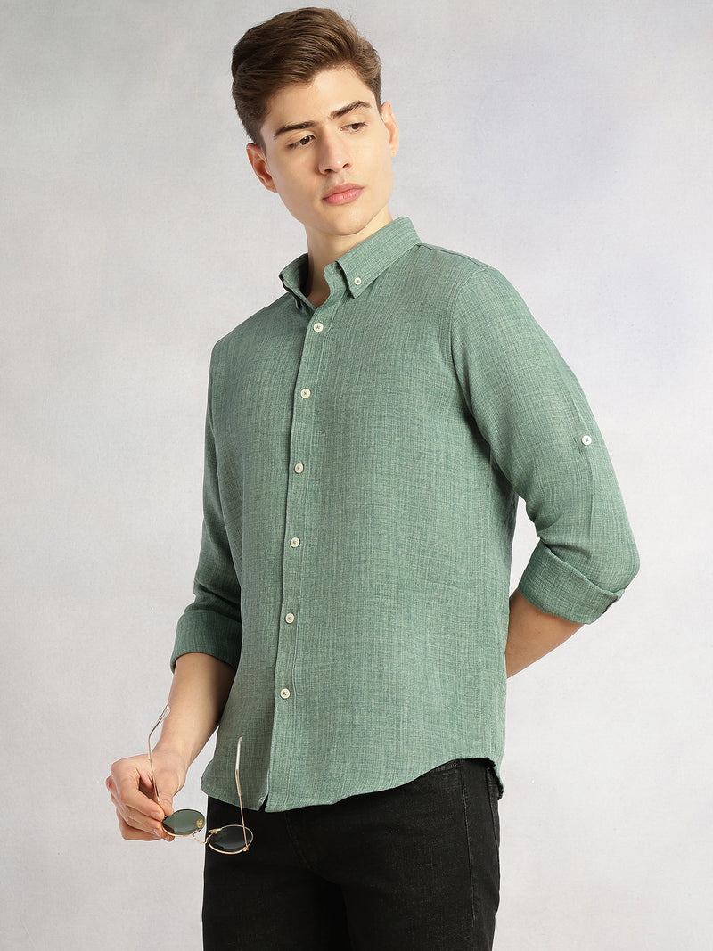 Thomas Scott Men Mint Slim Fit Long Sleeves Button-Down Collar Polyester Casual Shirt