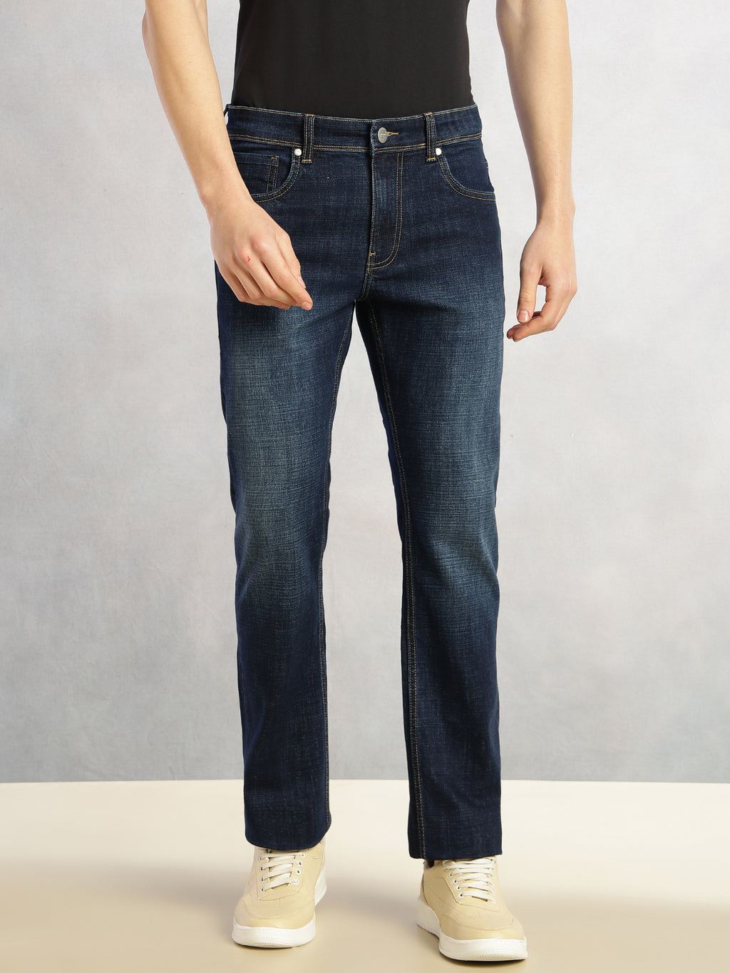 Thomas Scott Men Dark Blue Cricket Club Collection Straight Fit Mid-Rise Faded 5 Pockets Stretchable Jeans