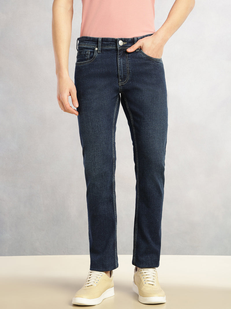 Thomas Scott Men Dark Blue Cricket Club Collection Straight Fit Mid-Rise Faded 5 Pockets Stretchable Jeans