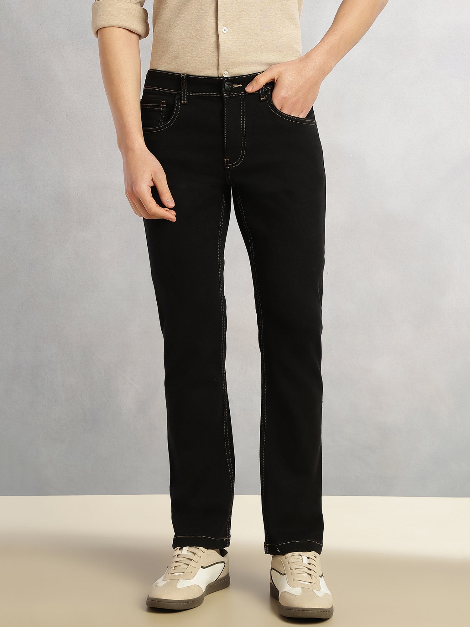 Thomas Scott Men Black Cricket Club Collection Mid-Rise Straight Fit No Fade 5 Pockets Stretchable Jeans