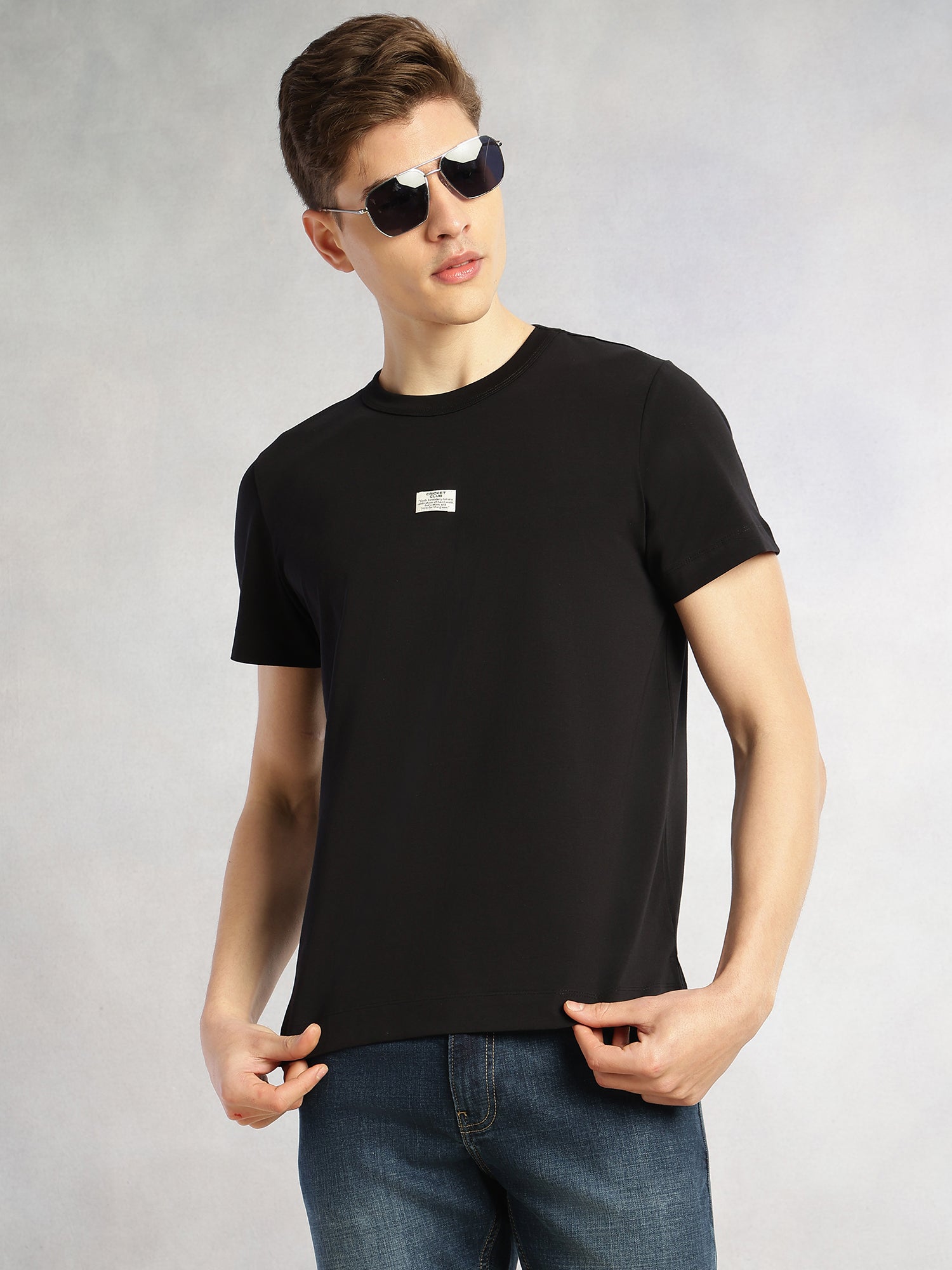 Thomas Scott Men Black Cricket Club Collection Regular Fit Short Sleeves Round Neck Solid Knitted T-Shirt
