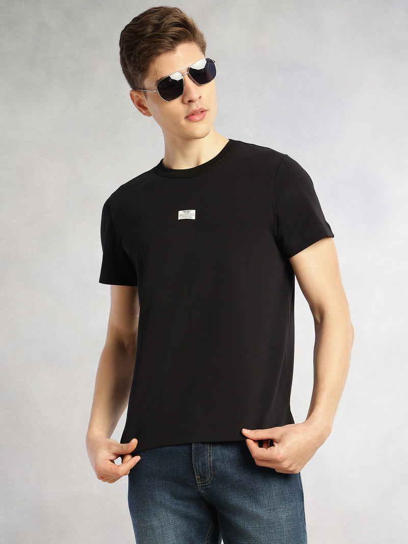 Thomas Scott Men Black Cricket Club Collection Regular Fit Short Sleeves Round Neck Solid Knitted T-Shirt