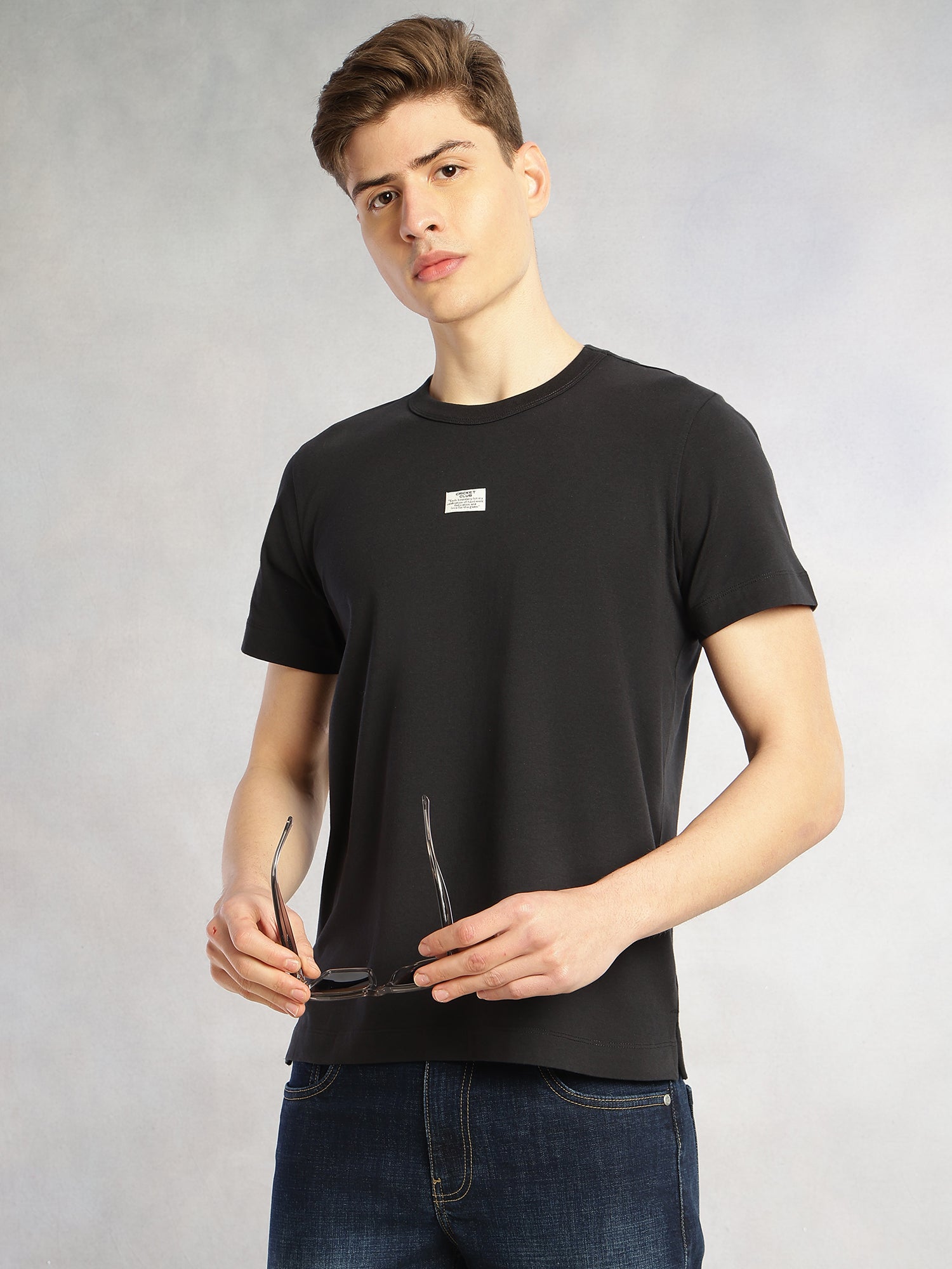 Thomas Scott Men Grey Cricket Club Collection Regular Fit Short Sleeves Round Neck Solid Knitted T-Shirt