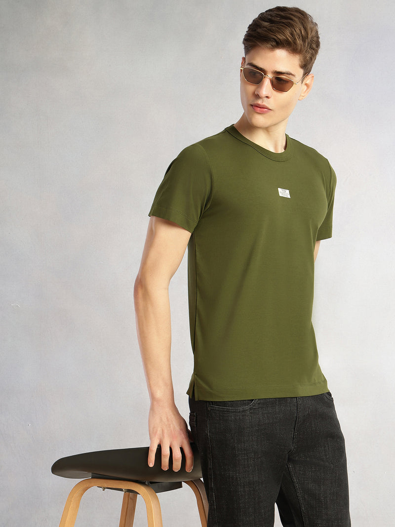 Thomas Scott Men Olive Cricket Club Collection Regular Fit Short Sleeves Round Neck Solid Knitted T-Shirt