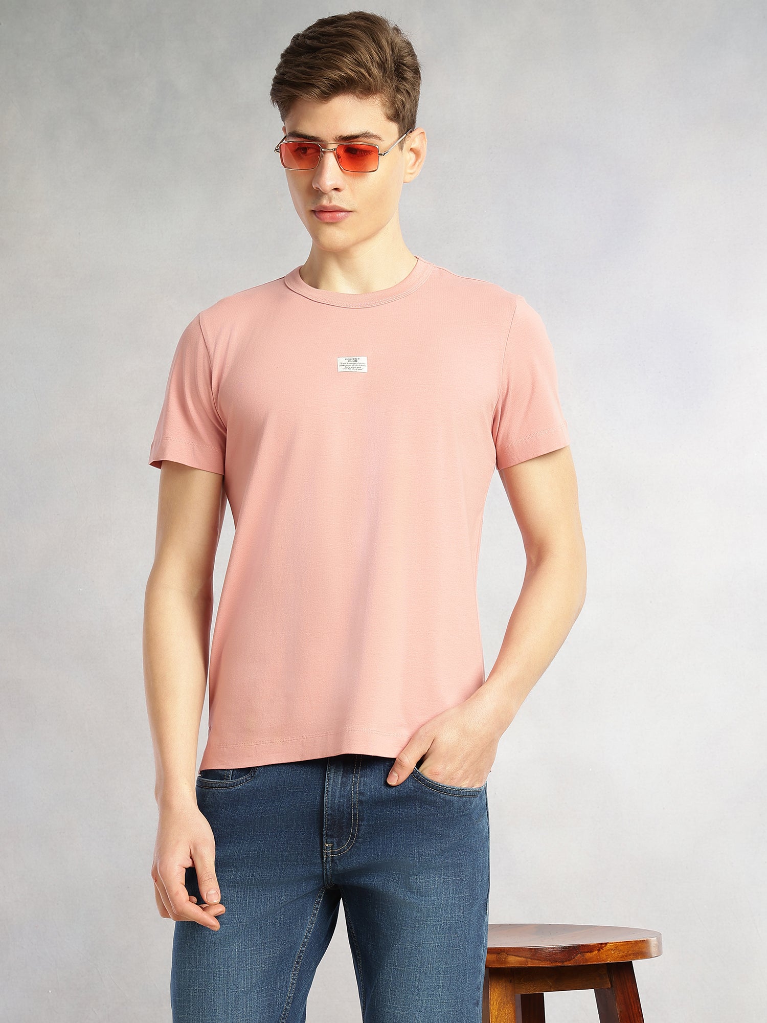 Thomas Scott Men Onion Pink Cricket Club Collection Regular Fit Short Sleeves Round Neck Solid Knitted T-Shirt