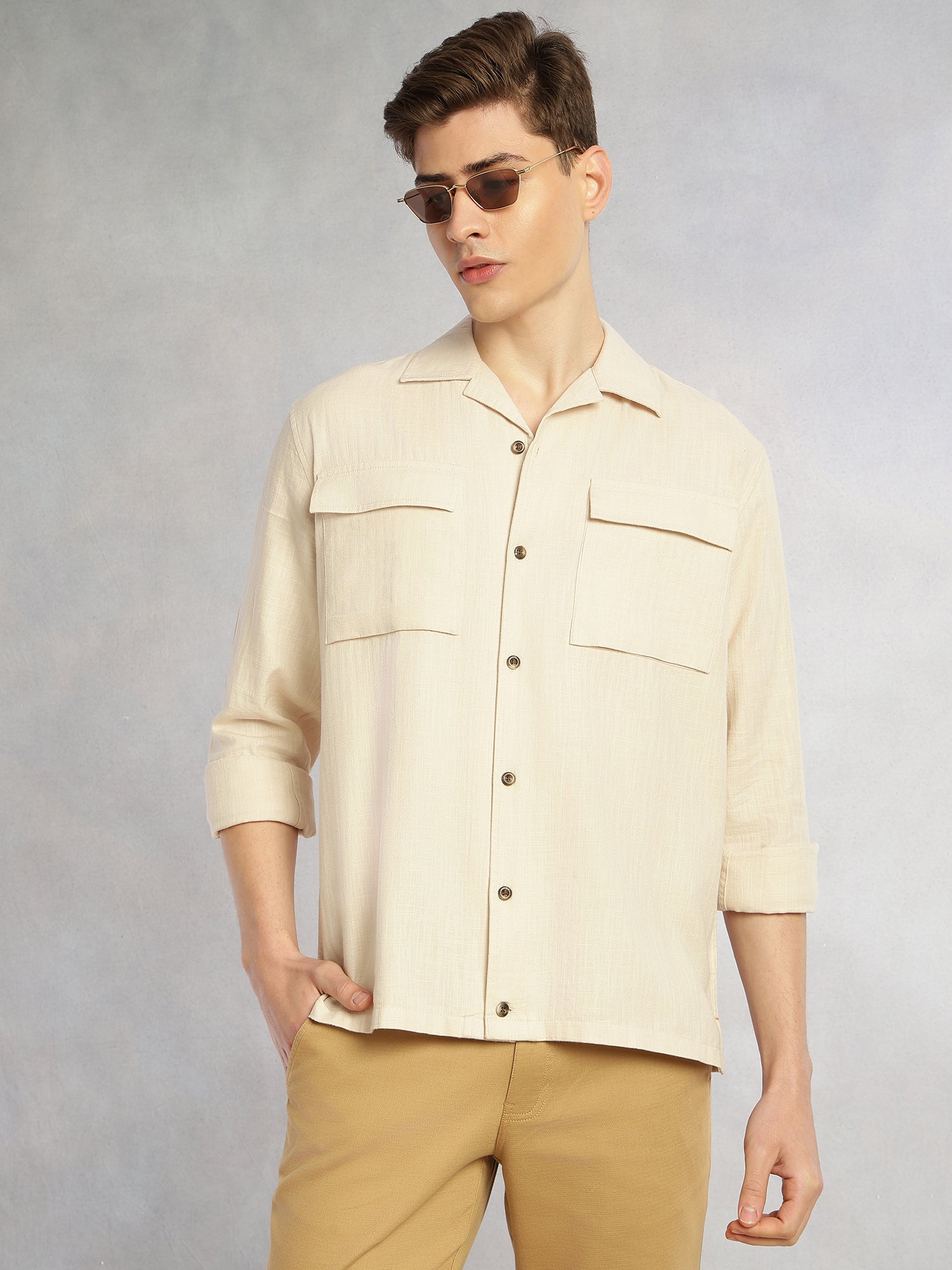 Thomas Scott Men Beige Cricket Club Collection Oversized Fit Long Sleeves Camp Collar 100% Cotton Shacket