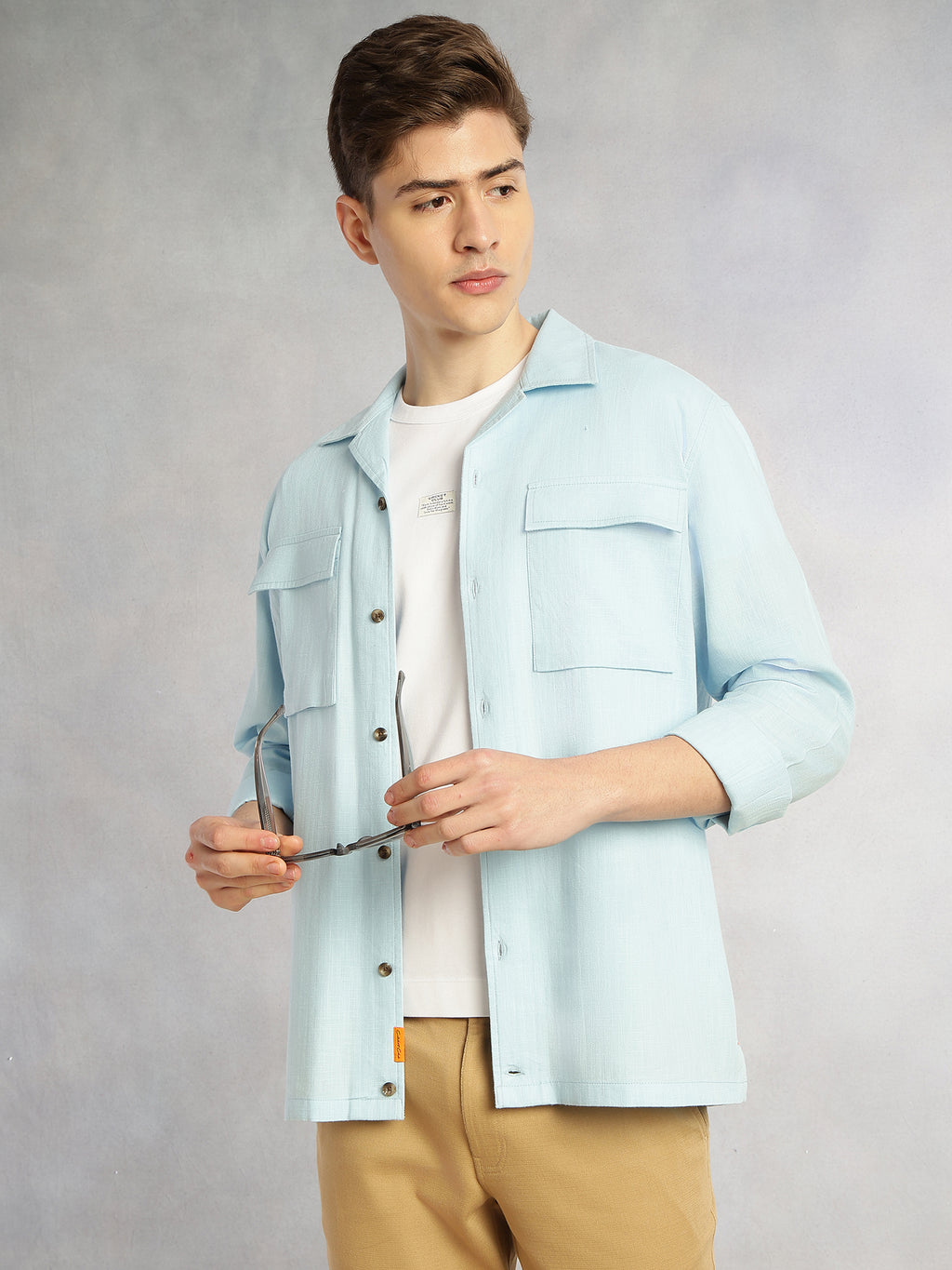 Thomas Scott Men Blue Cricket Club Collection Oversized Fit Long Sleeves Camp Collar 100% Cotton Shacket