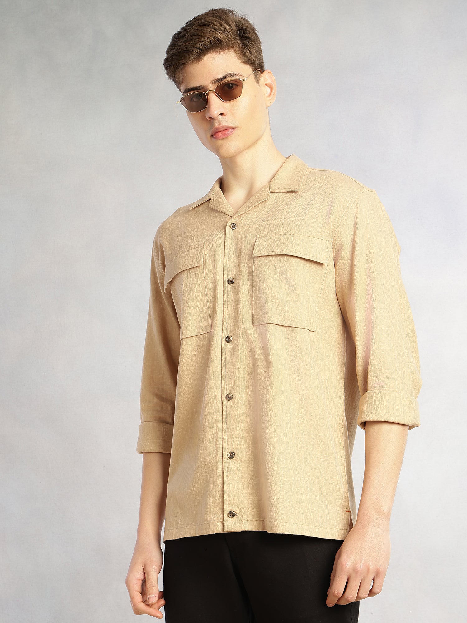 Thomas Scott Men Dark Beige Cricket Club Collection Oversized Fit Long Sleeves Camp Collar 100% Cotton Shacket