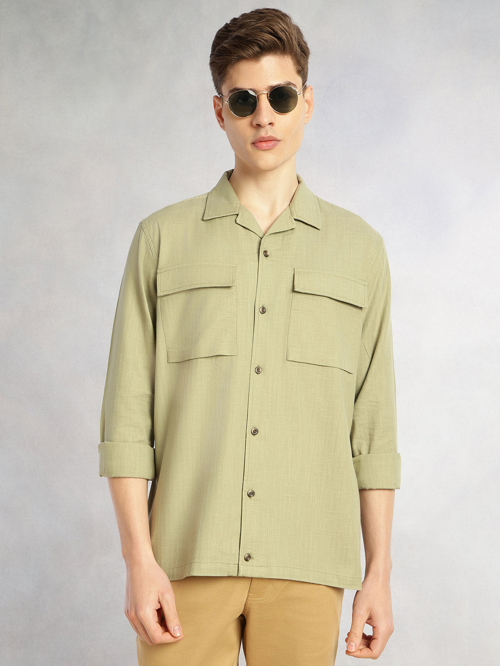 Thomas Scott Men Green Cricket Club Collection Oversized Fit Long Sleeves Camp Collar 100% Cotton Shacket