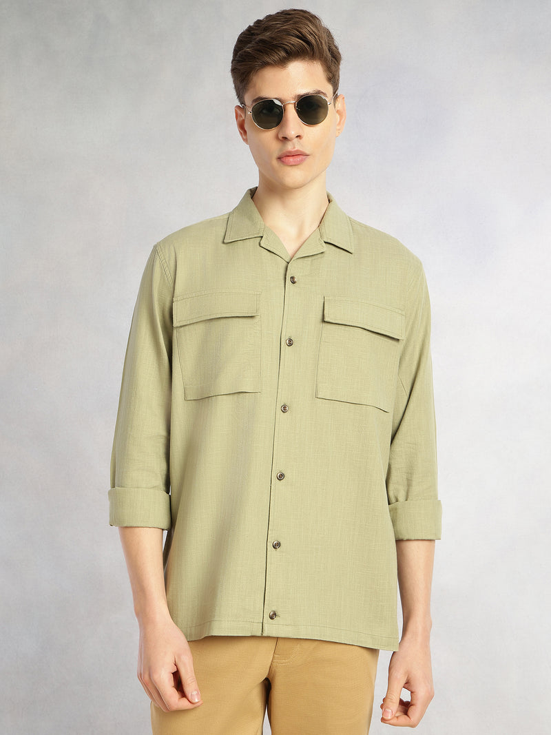 Thomas Scott Men Green Cricket Club Collection Oversized Fit Long Sleeves Camp Collar 100% Cotton Shacket