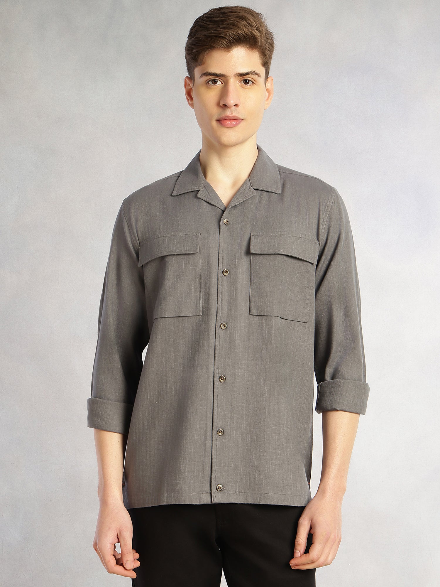 Thomas Scott Men Grey Cricket Club Collection Oversized Fit Long Sleeves Camp Collar 100% Cotton Shacket