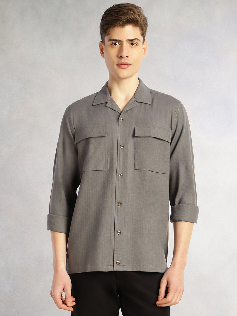 Thomas Scott Men Grey Cricket Club Collection Oversized Fit Long Sleeves Camp Collar 100% Cotton Shacket