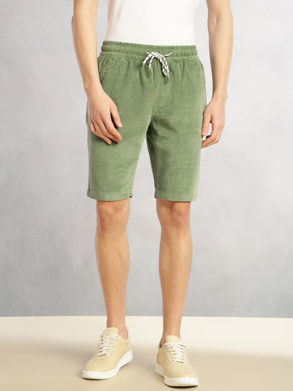 Thomas Scott Men Light Olive Cricket Club Collection Regular Fit Mid-Rise Woven Cotrises Corduroy Shorts