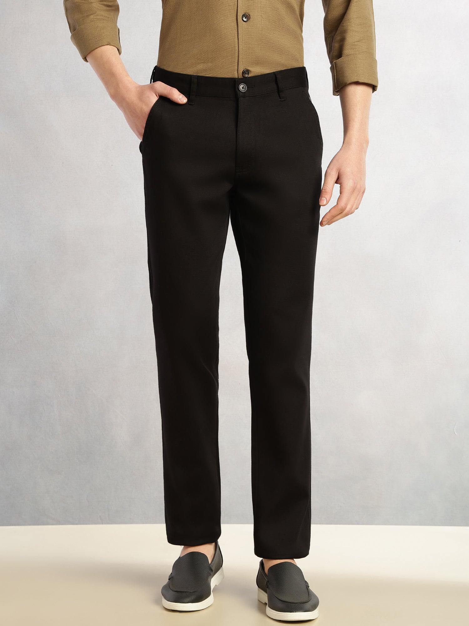 Thomas Scott Men Black Cricket Club Collection Straight Fit Mid-Rise Solid Woven Chinos Trouser
