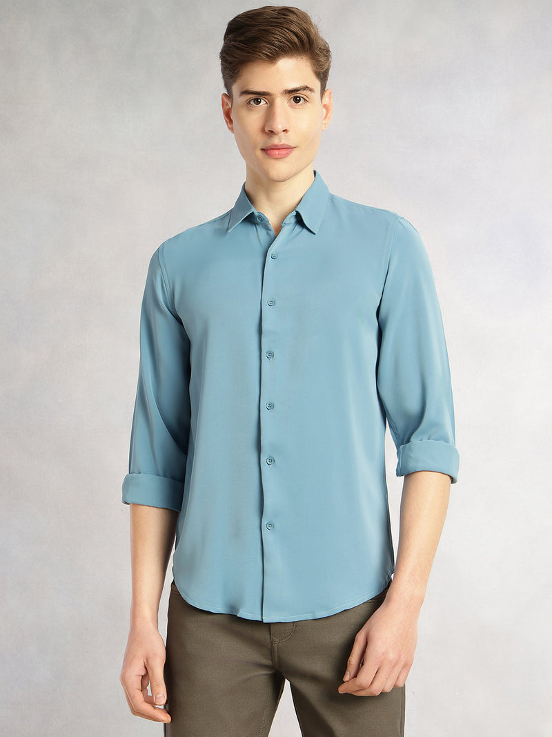 Thomas Scott Men Blue Regular Fit Full Sleeves Spread Collar Solid Polyester Casual Shirt