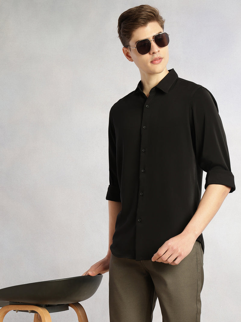 Thomas Scott Men Black Regular Fit Full Sleeves Spread Collar Solid Polyester Casual Shirt