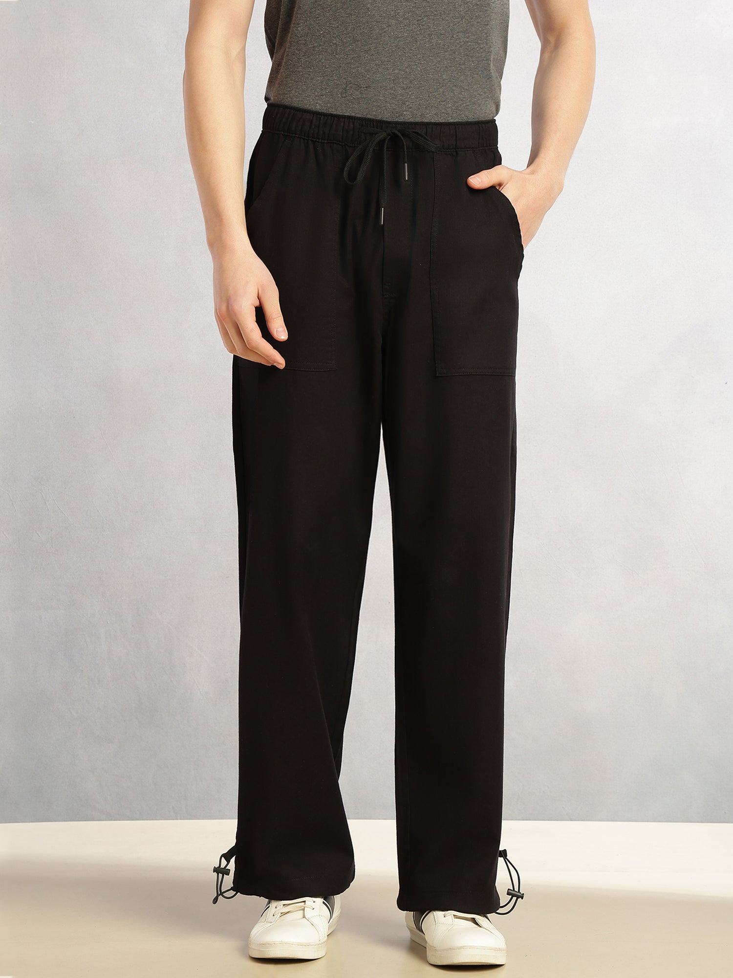 Thomas Scott Men Black Regular Fit Mid-Rise Solid Woven Trousers with Drawstring Closure & Four Pockets