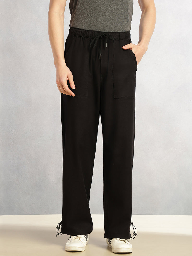 Thomas Scott Men Black Regular Fit Mid-Rise Solid Woven Trousers with Drawstring Closure & Four Pockets