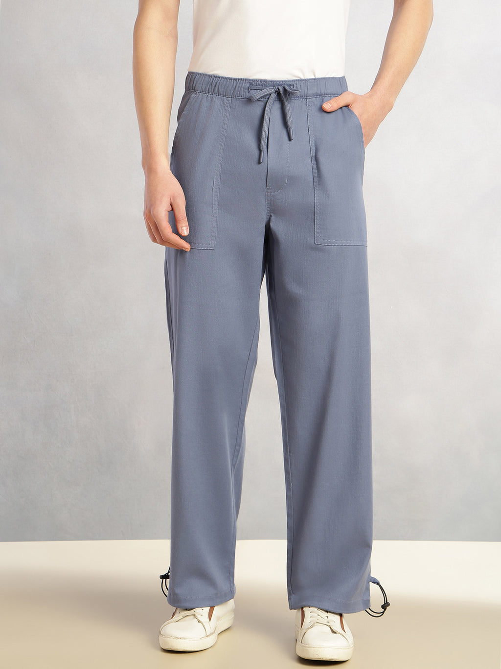 Thomas Scott Men Blue Regular Fit Mid-Rise Solid Woven Trousers with Drawstring Closure & Four Pockets