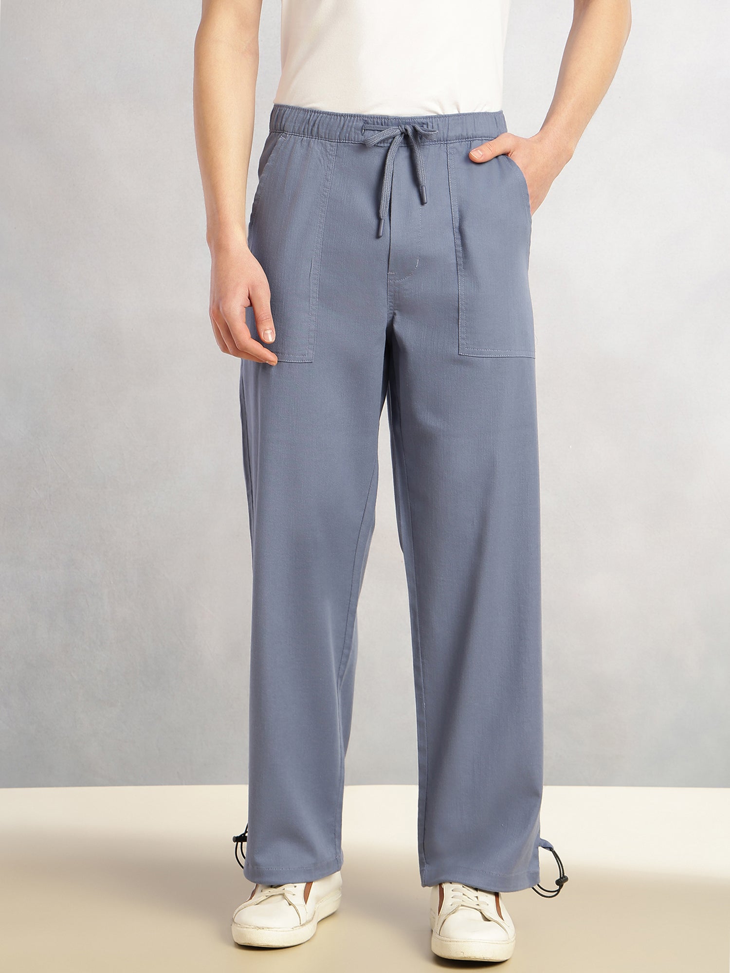 Thomas Scott Men Blue Regular Fit Mid-Rise Solid Woven Trousers with Drawstring Closure & Four Pockets