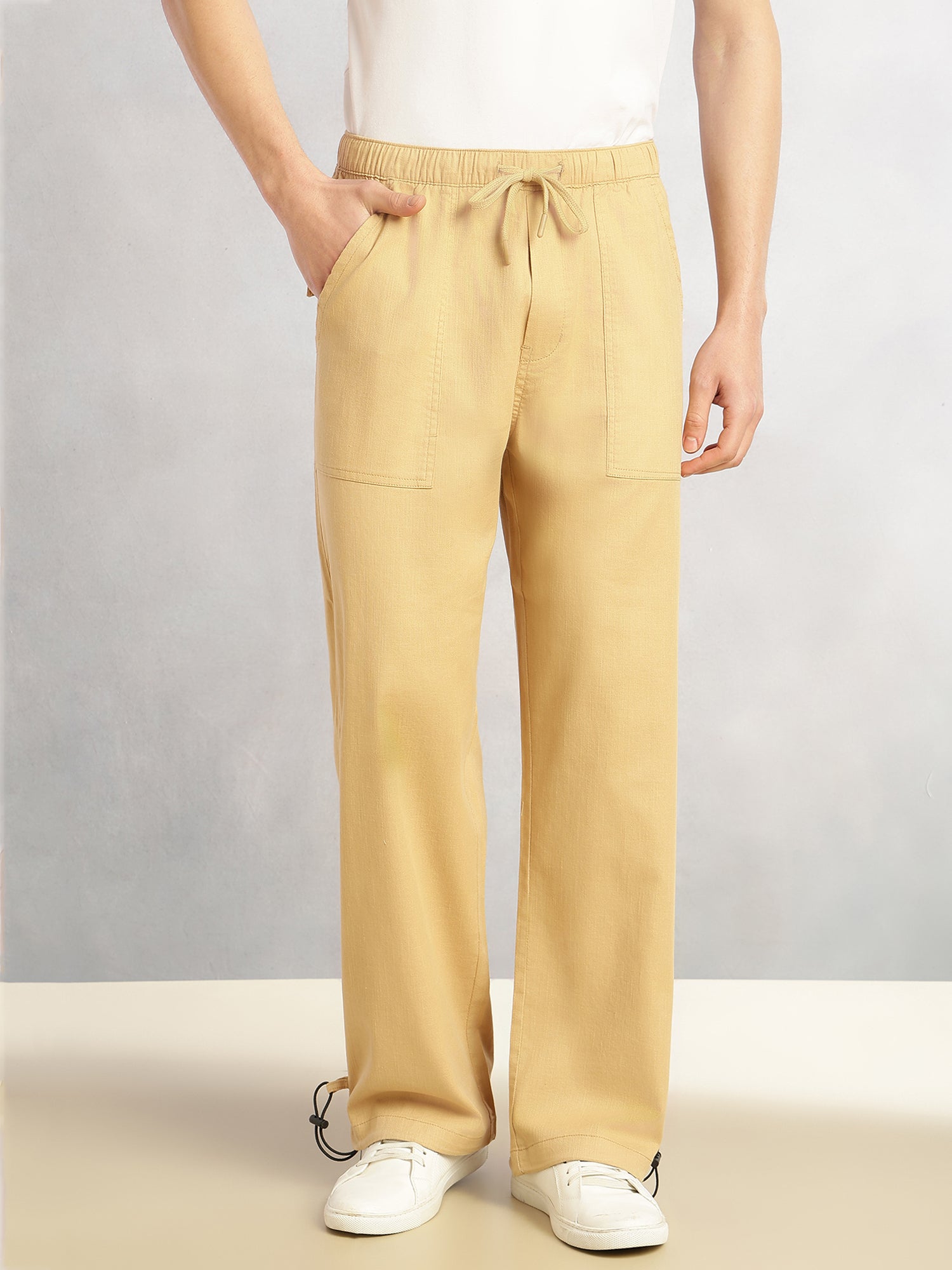 Thomas Scott Men Khaki Regular Fit Mid-Rise Solid Woven Trousers with Drawstring Closure & Four Pockets