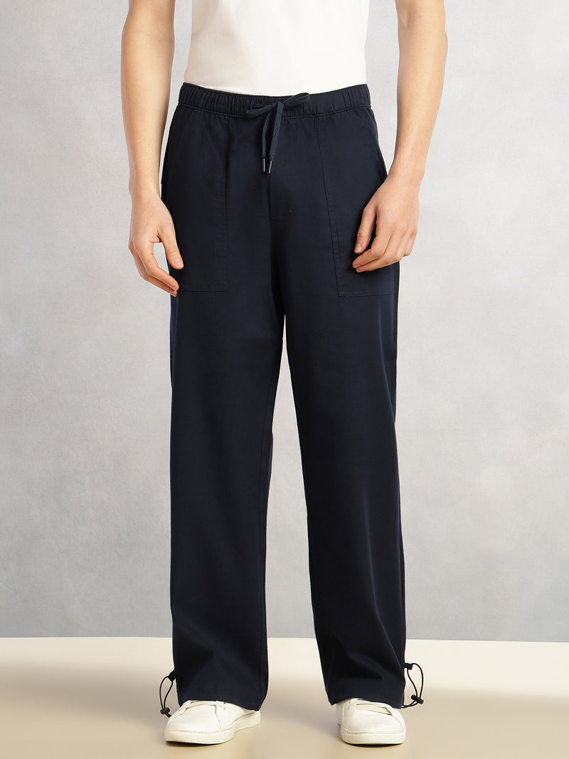 Thomas Scott Men Navy Regular Fit Mid-Rise Solid Woven Trousers with Drawstring Closure & Four Pockets