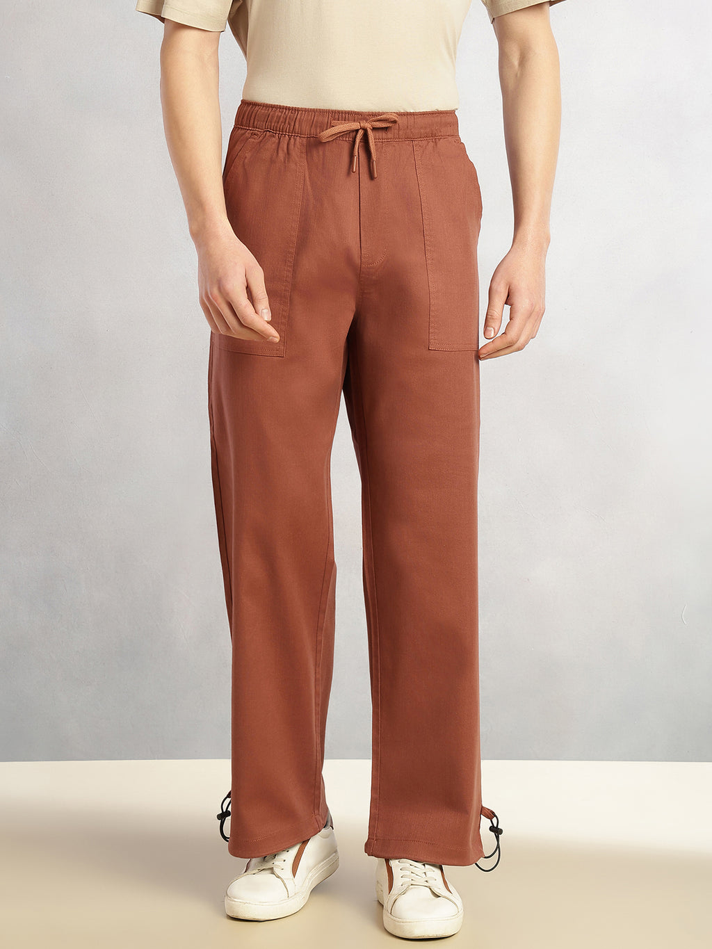 Thomas Scott Men Rust Regular Fit Mid-Rise Solid Woven Trousers with Drawstring Closure & Four Pockets