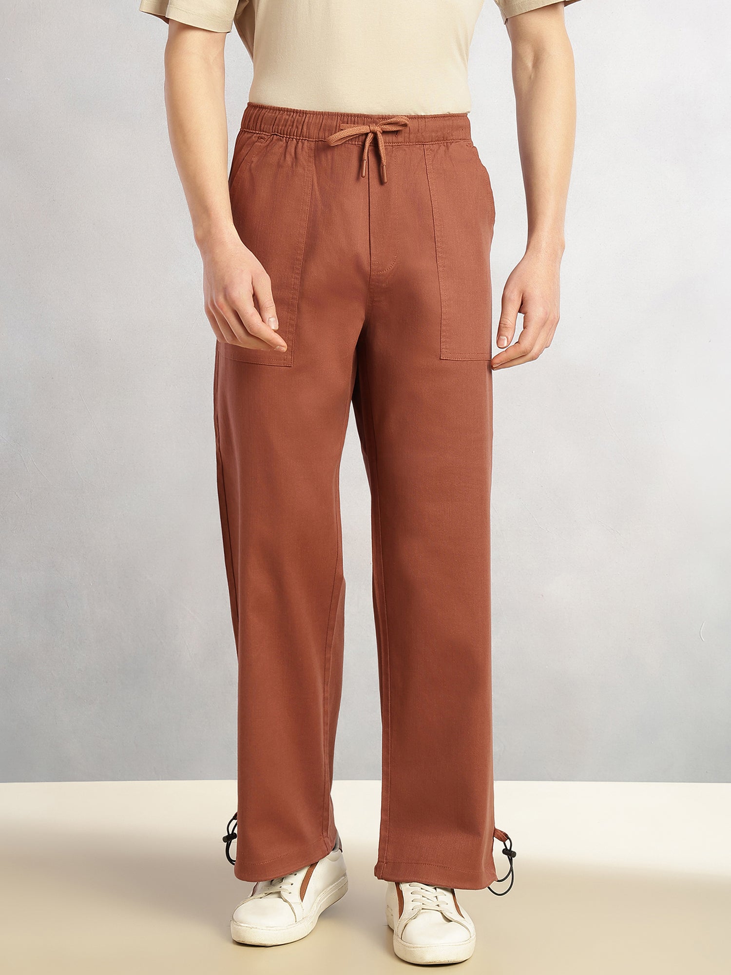 Thomas Scott Men Rust Regular Fit Mid-Rise Solid Woven Trousers with Drawstring Closure & Four Pockets