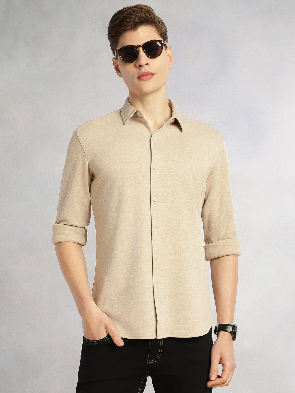 Thomas Scott Men Beige Slim Fit Long Sleeves Spread Collar Solid Knitted Shirt