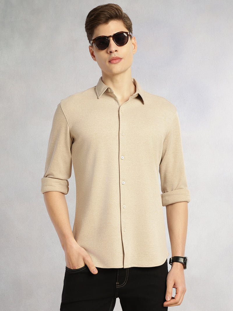 Thomas Scott Men Beige Slim Fit Long Sleeves Spread Collar Solid Knitted Shirt