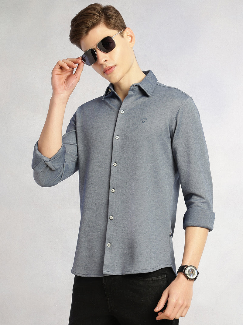 Thomas Scott Men Navy Slim Fit Long Sleeves Spread Collar Solid Knitted Shirt