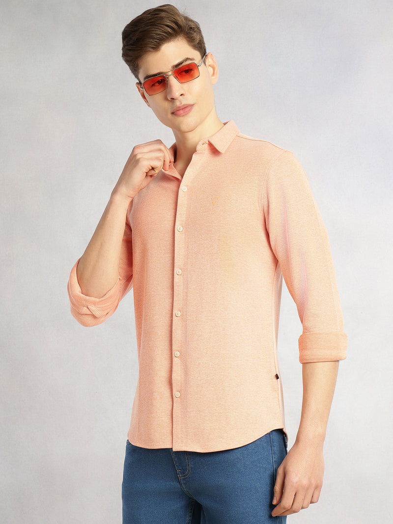 Thomas Scott Men Peach Slim Fit Long Sleeves Spread Collar Solid Knitted Shirt