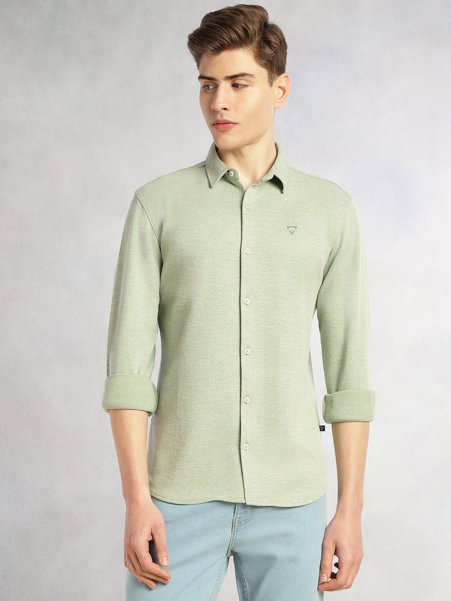 Thomas Scott Men Sage Green Slim Fit Long Sleeves Spread Collar Solid Knitted Shirt