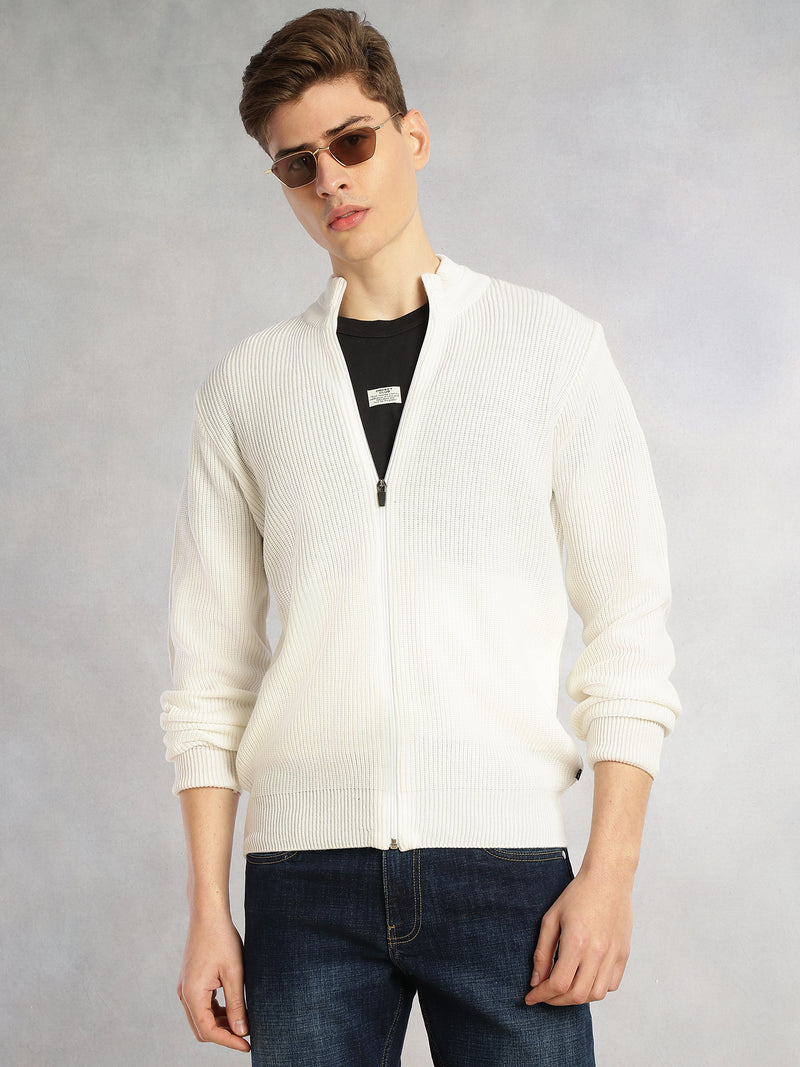 Thomas Scott Men White Regular Fit Long Sleeves Zip Closure Mock Collar Acrylic Knitted Sweatshirt
