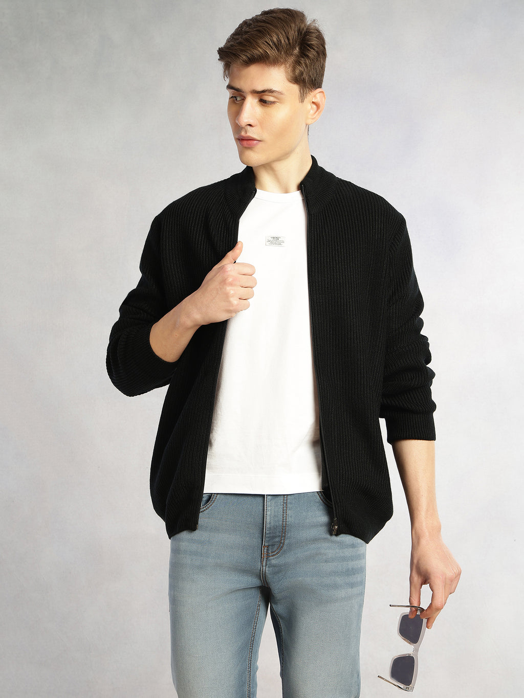 Thomas Scott Men Black Regular Fit Long Sleeves Zip Closure Mock Collar Acrylic Knitted Sweatshirt
